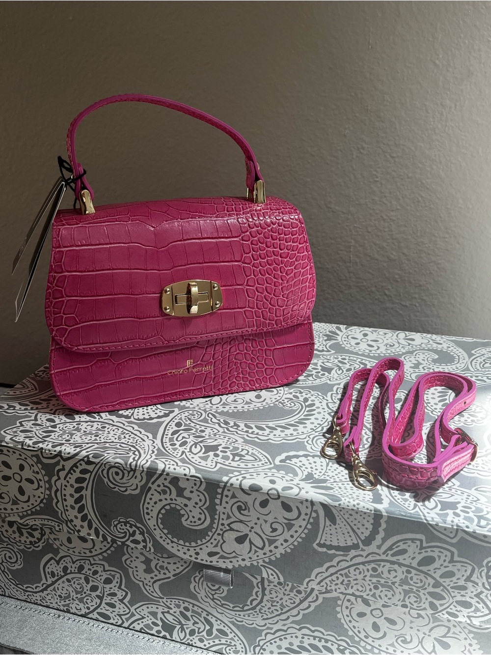 Chiara Ferretti Croc-Embossed ‘Florence’ Top Handle Satchel in Hot Pink